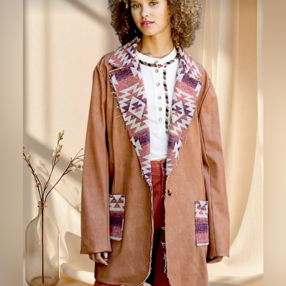 SOLD OUT POL Western Aztec Brown Vegan Suede Jacket | Southwestern Boho Coat - Picture 6 of 6